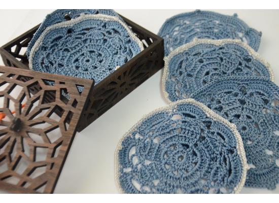 Handmade Crochet Coasters Set of 6 pieces blue & Silver with luxurious Box